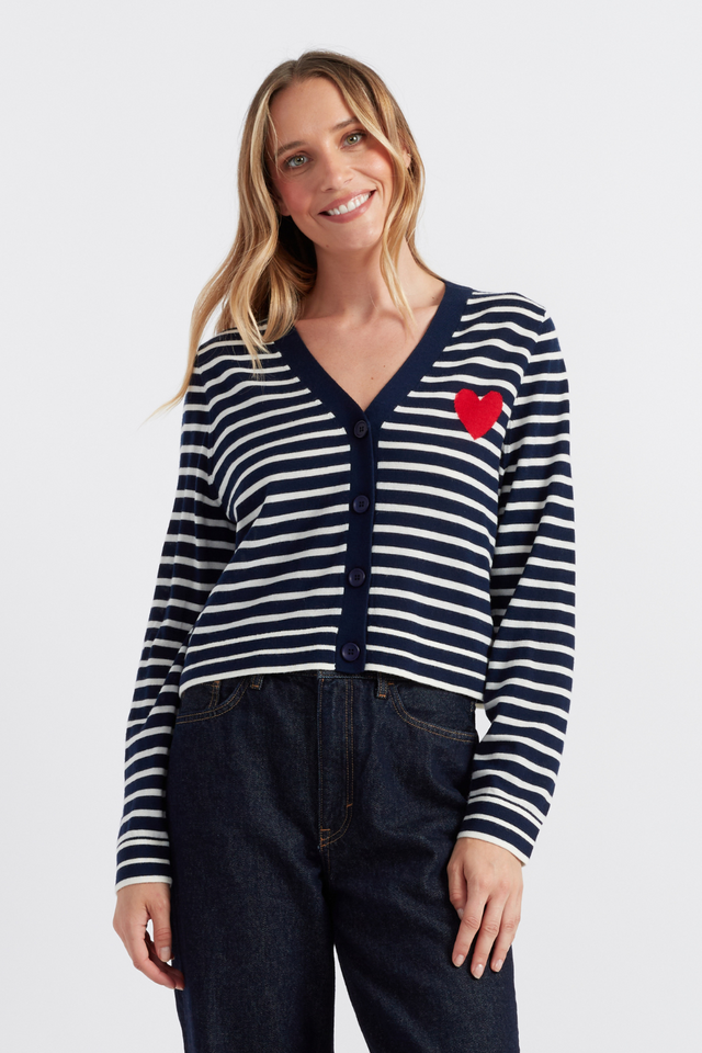 Navy-Cream Merino Heart Breton Cardigan image 1