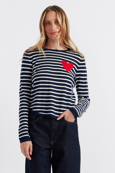 SAMPLE SALE - NO REFUNDS Navy-Cream Merino Heart Breton Sweater