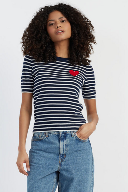 Navy-Cream Merino Heart Breton T-shirt