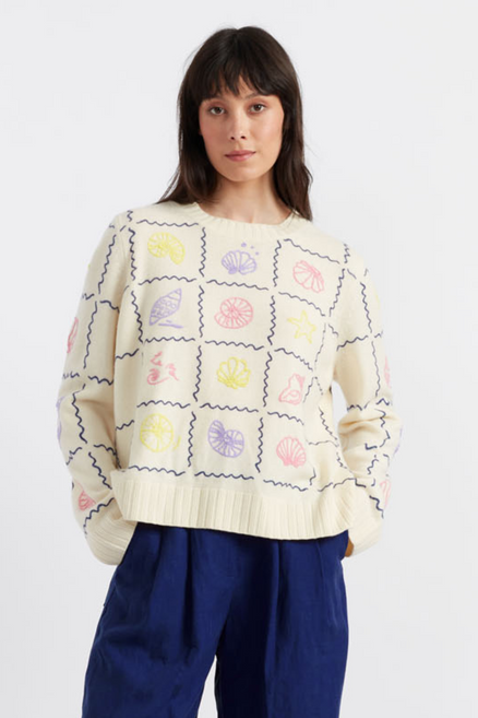 SAMPLE SALE - NO REFUNDS Cream Wool-Cashmere La Mer Embroidered Sweater