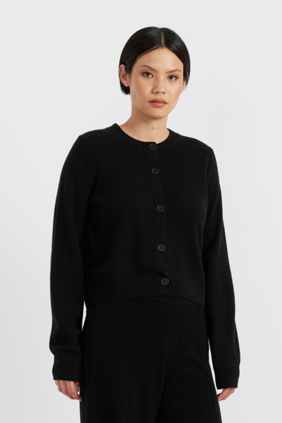 Black Wool-Cashmere Crew Neck Cardigan
