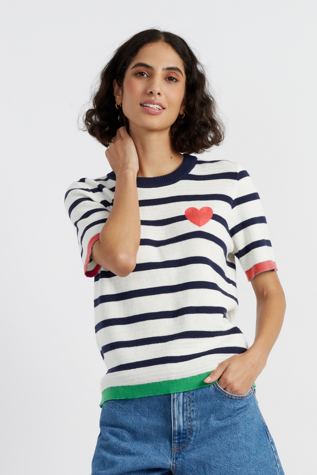 Cream-Navy Cotton Heart Breton Crochet T-Shirt image 1