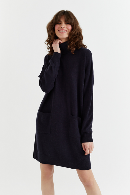 Navy Wool-Cashmere Mini Rollneck Dress