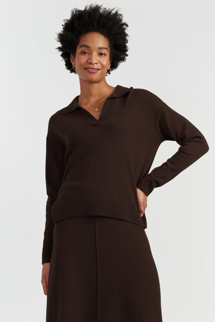 Chocolate Wool-Cashmere Collared Sweater