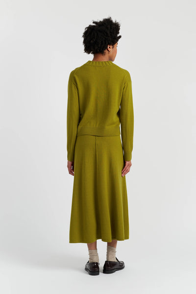 Person wearing a green dress on a white background