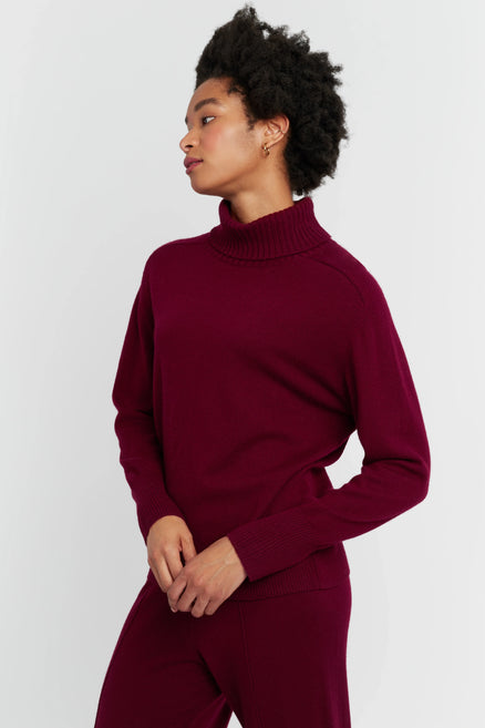Person wearing a burgundy turtleneck sweater against a white background