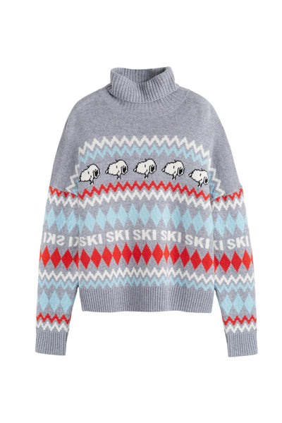 Gray sweater with colorful pattern and text on a white background