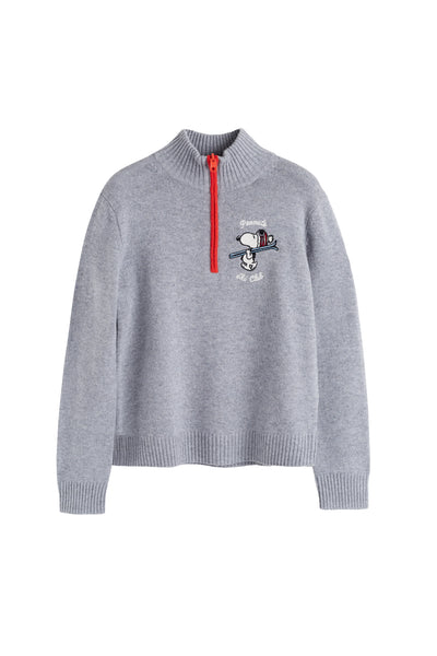 Gray sweater with a red zipper and cartoon character on a white background