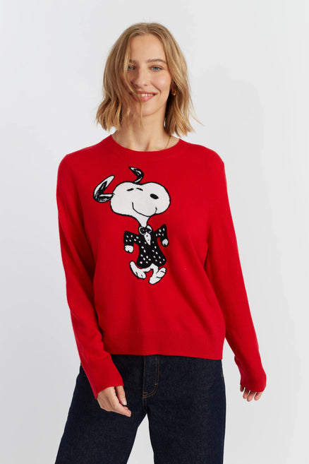 Person wearing a red sweater with a cartoon character on a white background