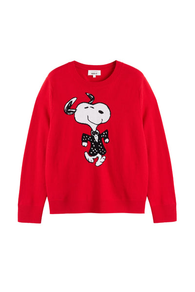 Red sweater with a cartoon character design on a white background
