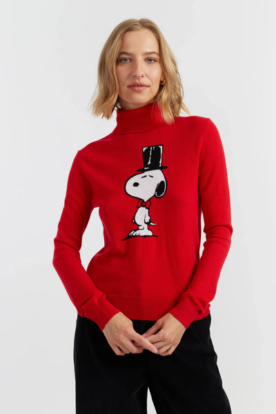 Person wearing a red sweater with a cartoon character on a white background