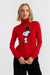 Person wearing a red sweater with a cartoon character on a white background