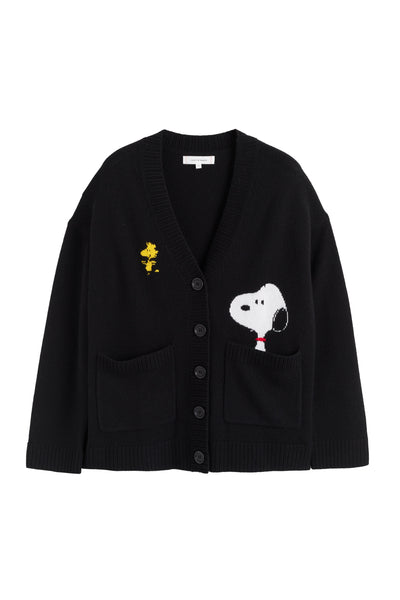 Black cardigan with cartoon character patches on a white background