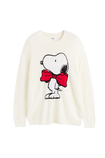 White sweater with a cartoon character wearing a red bow tie on a white background
