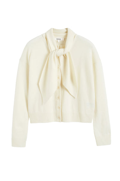 Cream Wool-Cashmere Tie Neck Cardigan