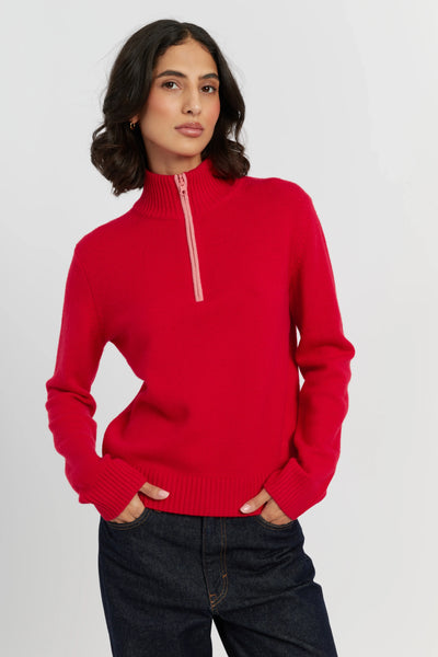 Red Wool-Cashmere Quarter Zip Jumper