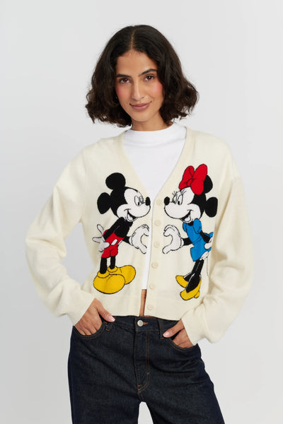 Cream Wool-Cashmere Mickey & Minnie Cardigan