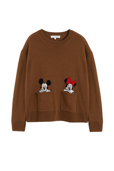 Toffee Wool-Cashmere Mickey & Minnie Peek Pocket Sweater