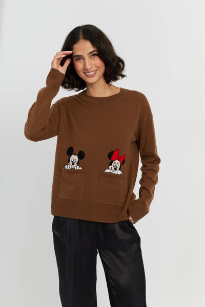 Toffee Wool-Cashmere Mickey & Minnie Peek Pocket Sweater