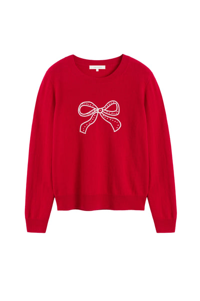 Red Wool-Cashmere Bow Embroidered Sweater