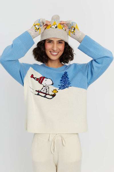 Sky-Blue  Wool-Cashmere Snoopy On The Slopes Sweater
