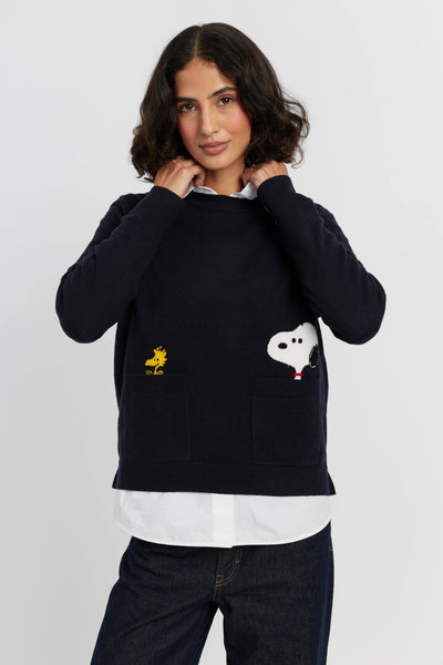 Navy Wool-Cashmere Snoopy Peeking Pocket Sweater