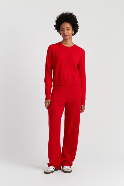 Velvet-Red Wool-Cashmere Crew Neck Cardigan
