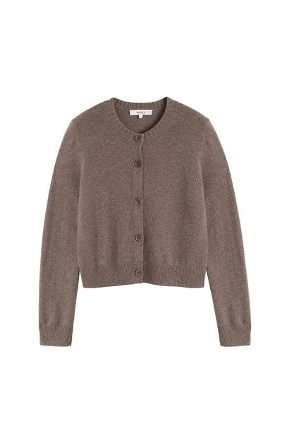 Mushroom Wool-Cashmere Crew Neck Cardigan