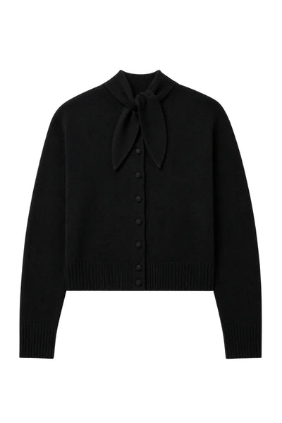Black Wool-Cashmere Tie Neck Cardigan