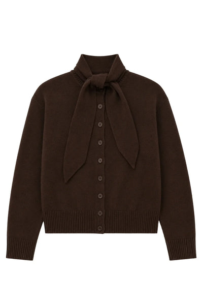 Chocolate Wool-Cashmere Tie Neck Cardigan