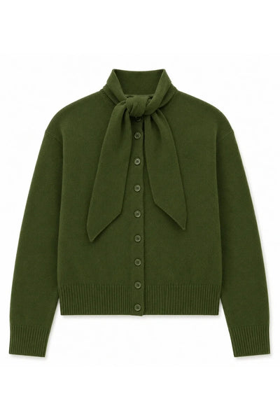 Green Wool-Cashmere Tie Neck Cardigan