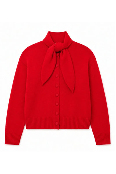 Velvet-Red Wool-Cashmere Tie Neck Cardigan