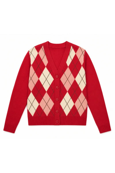 Red Wool-Cashmere Argyle Cardigan