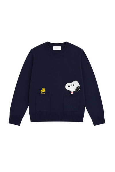 Navy Wool-Cashmere Snoopy Peeking Pocket Sweater