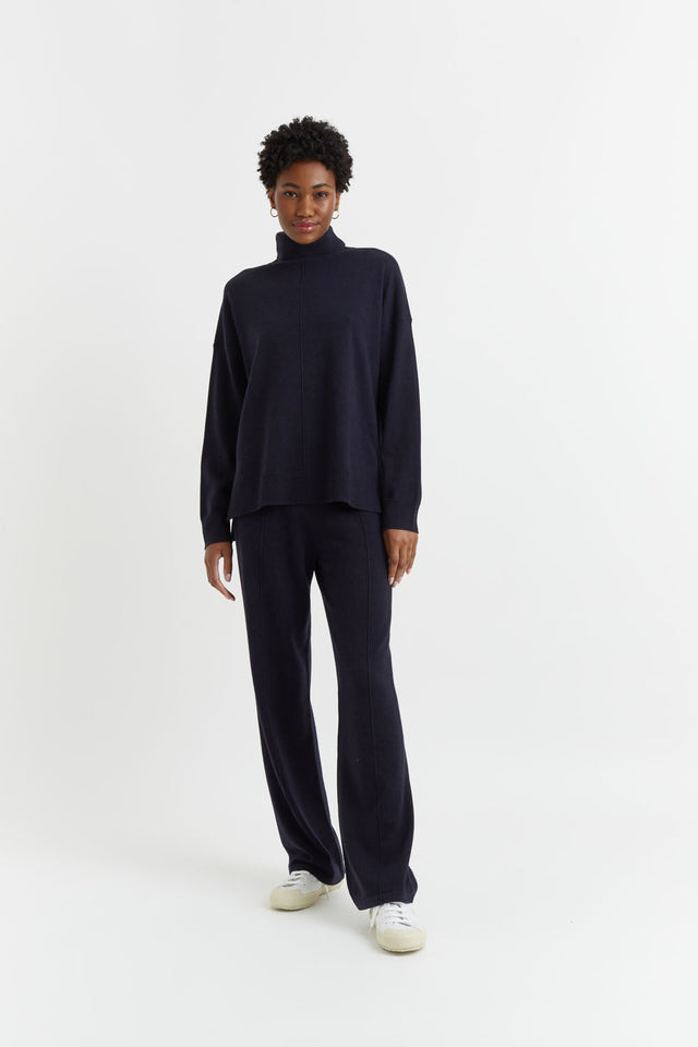 Navy Wool-Cashmere Wide-Leg Track Pants image 1