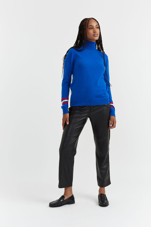 Cobalt-Blue Wool-Cashmere Stripe Sleeve Rollneck Sweater image 1