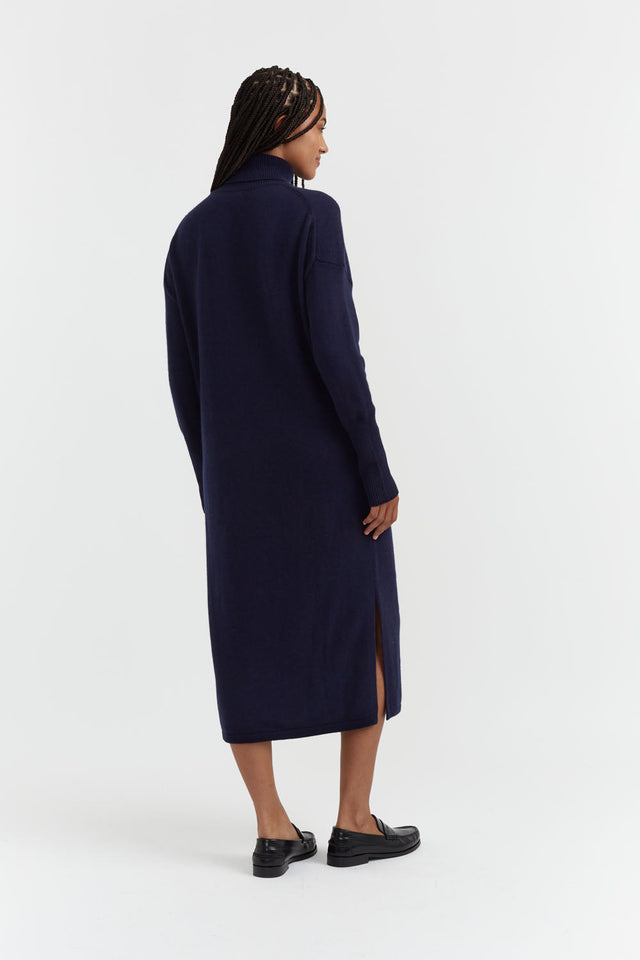 Navy Wool-Cashmere Roll Neck Dress image 3