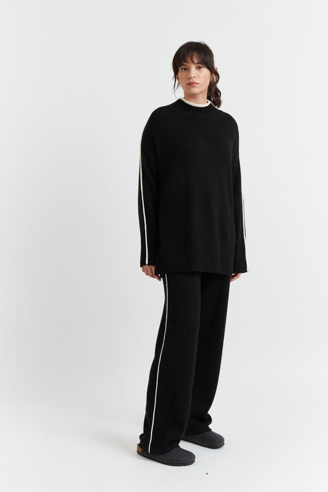Black Wool-Cashmere Piped Wide-Leg Pants image 1