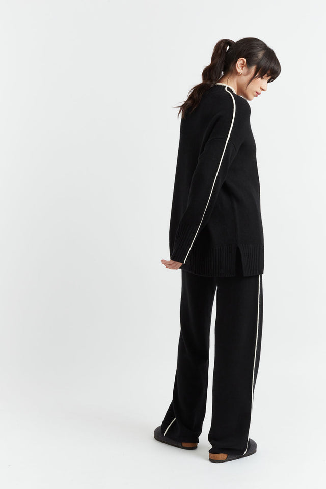 Black Wool-Cashmere Piped Wide-Leg Pants image 3