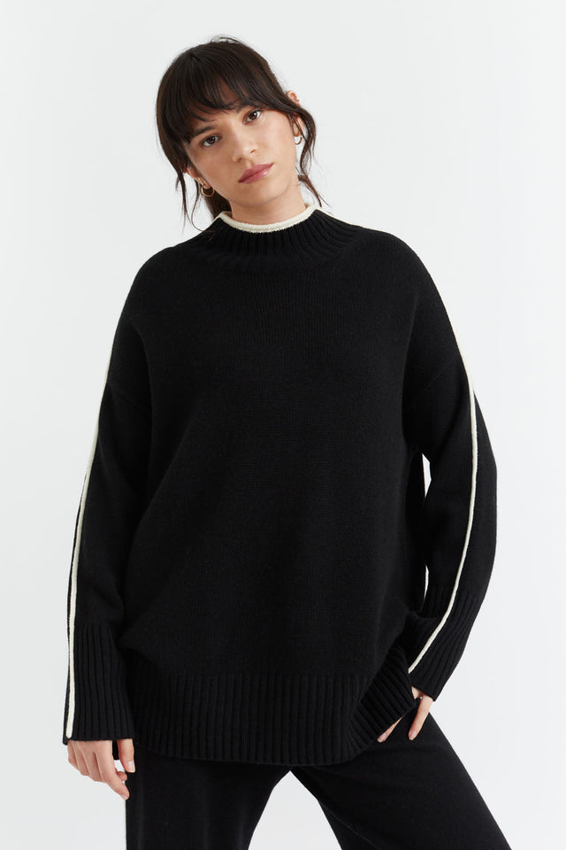 Black Wool-Cashmere Piped Sweater image 1