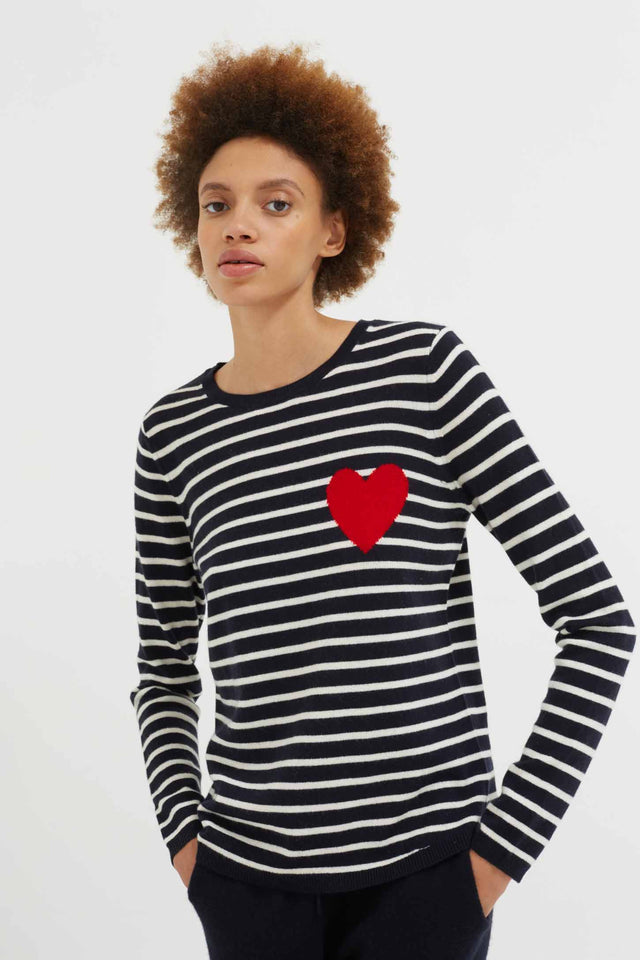 Navy-Cream Breton Heart Wool-Cashmere Sweater image 4